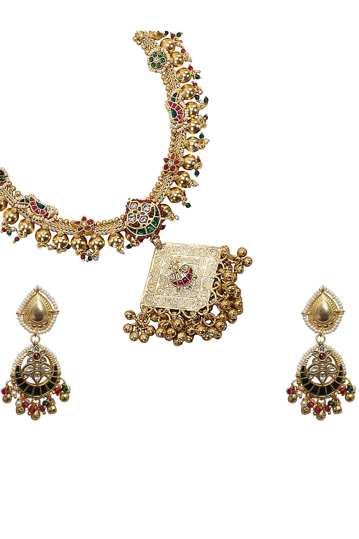 Gold Finish Multi-Colored Kundan Polki & Semi-Precious Stone Necklace Set by Tad Accessories at Pernia's Pop Up Shop