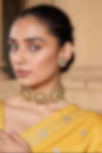 Gold Finish Green Kundan Polki & Semi-Precious Stone Choker Necklace Set by Tad Accessories at Pernia's Pop Up Shop