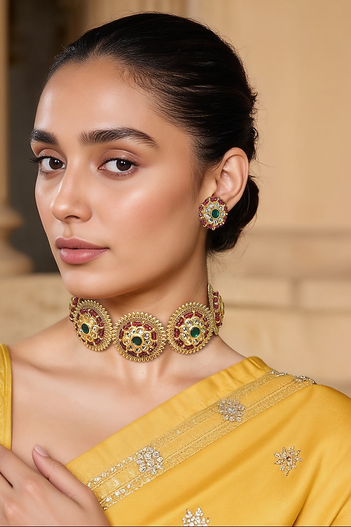 Gold Finish Green Kundan Polki & Semi-Precious Stone Choker Necklace Set by Tad Accessories at Pernia's Pop Up Shop