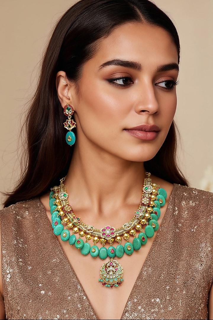 Gold Finish Turquoise Kundan Polki & Semi-Precious Stone Necklace Set by Tad Accessories at Pernia's Pop Up Shop