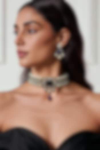 Gold Finish Amethyst Kundan Polki & Semi-Precious Stone Choker Necklace Set by Tad Accessories at Pernia's Pop Up Shop