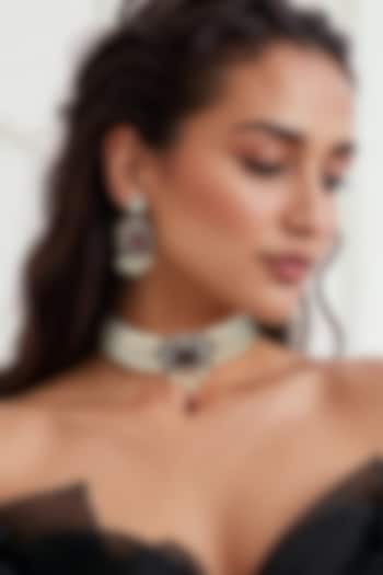 Gold Finish Red Kundan Polki & Semi-Precious Stone Choker Necklace Set by Tad Accessories at Pernia's Pop Up Shop