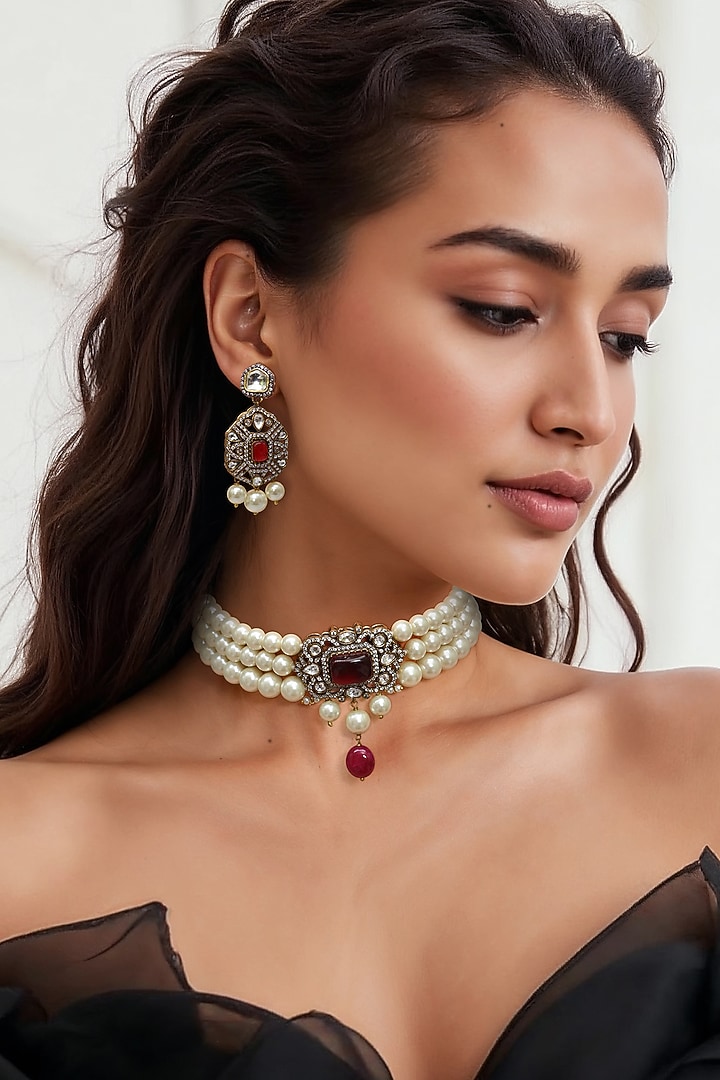 Gold Finish Red Kundan Polki & Semi-Precious Stone Choker Necklace Set by Tad Accessories at Pernia's Pop Up Shop