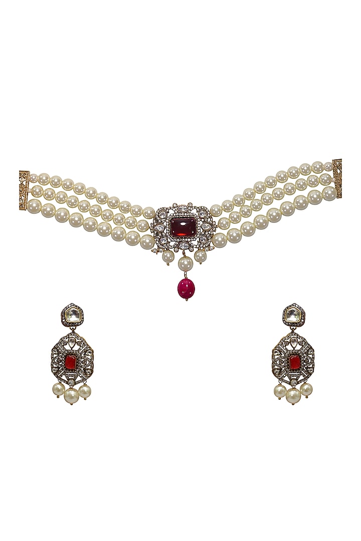 Gold Finish Red Kundan Polki & Semi-Precious Stone Choker Necklace Set by Tad Accessories at Pernia's Pop Up Shop