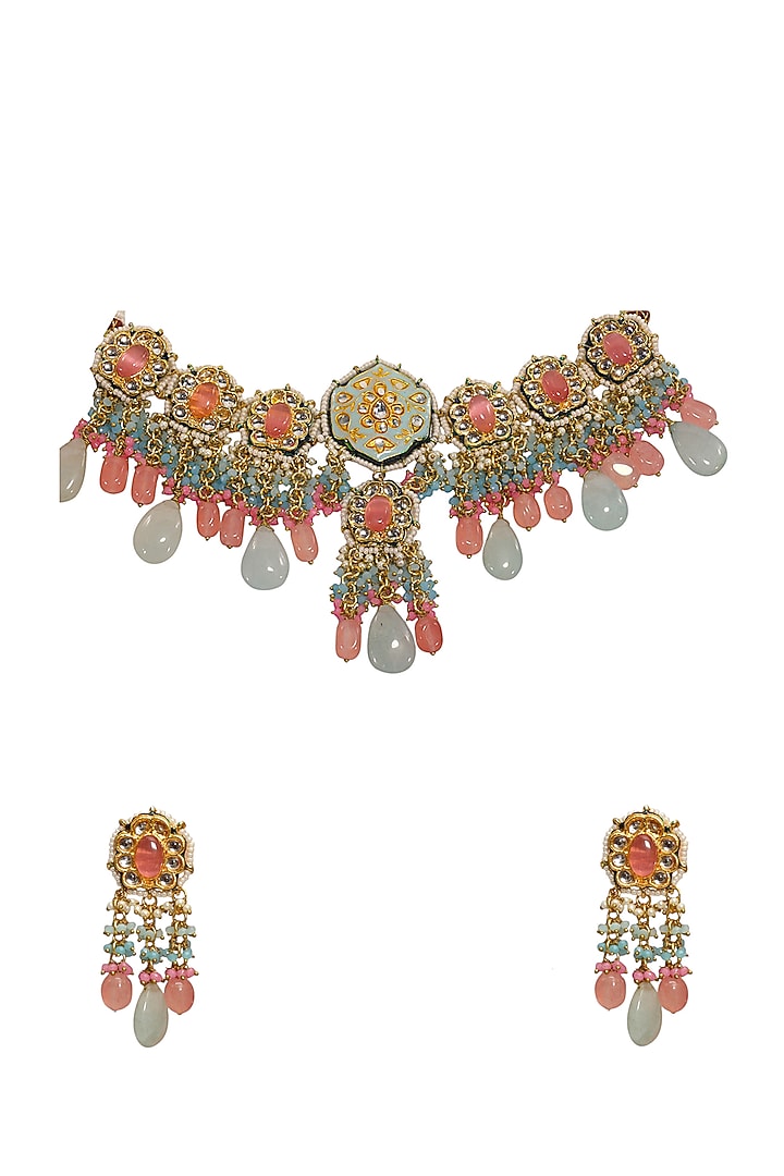 Gold Finish Pink Kundan Polki & Semi-Precious Stone Necklace Set by Tad Accessories at Pernia's Pop Up Shop