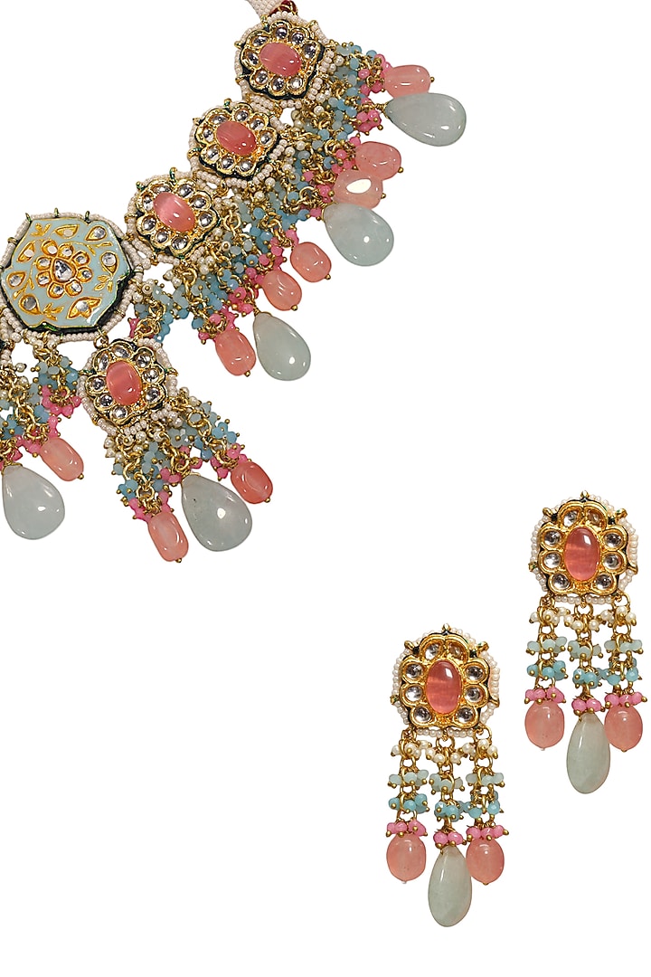 Gold Finish Pink Kundan Polki & Semi-Precious Stone Necklace Set by Tad Accessories at Pernia's Pop Up Shop