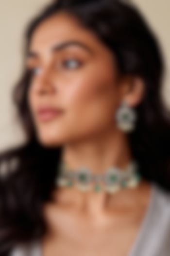 Gold Finish Green Kundan Polki & Semi-Precious Stone Necklace Set by Tad Accessories at Pernia's Pop Up Shop