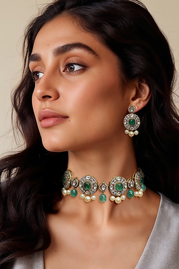 Gold Finish Green Kundan Polki & Semi-Precious Stone Necklace Set by Tad Accessories at Pernia's Pop Up Shop