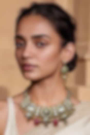 Gold Finish Green Kundan Polki & Semi-Precious Stone Necklace Set by Tad Accessories at Pernia's Pop Up Shop