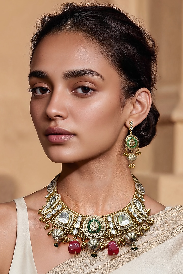 Gold Finish Green Kundan Polki & Semi-Precious Stone Necklace Set by Tad Accessories at Pernia's Pop Up Shop
