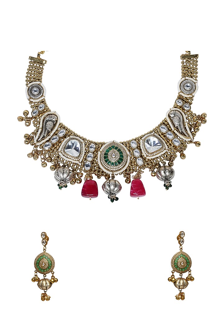 Gold Finish Green Kundan Polki & Semi-Precious Stone Necklace Set by Tad Accessories at Pernia's Pop Up Shop