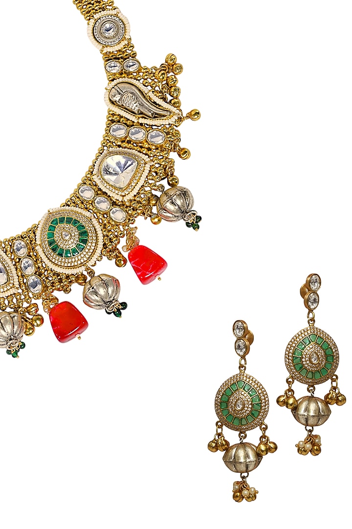 Gold Finish Green Kundan Polki & Semi-Precious Stone Necklace Set by Tad Accessories at Pernia's Pop Up Shop
