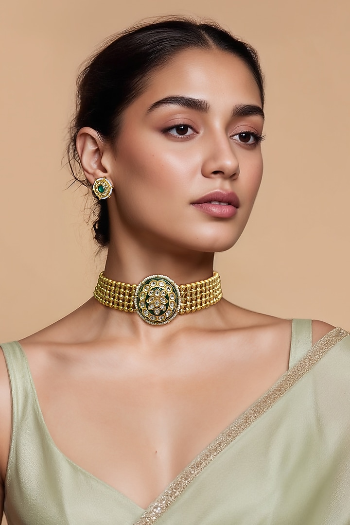 Gold Finish Green Kundan Polki & Semi-Precious Stone Choker Necklace Set by Tad Accessories at Pernia's Pop Up Shop