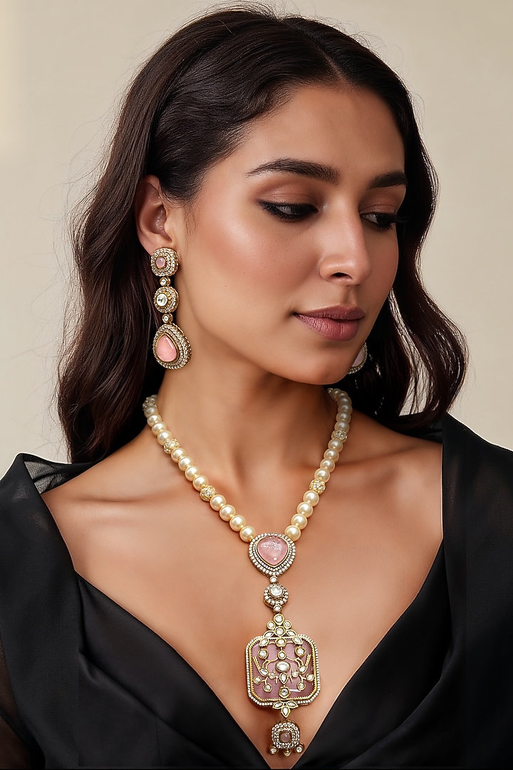 Gold Finish Pink Kundan Polki & Semi-Precious Stone Necklace Set by Tad Accessories at Pernia's Pop Up Shop