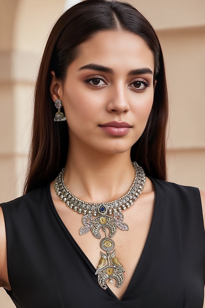 Two-Tone Finish Kundan Polki & Semi-Precious Stone Necklace Set by Tad Accessories at Pernia's Pop Up Shop