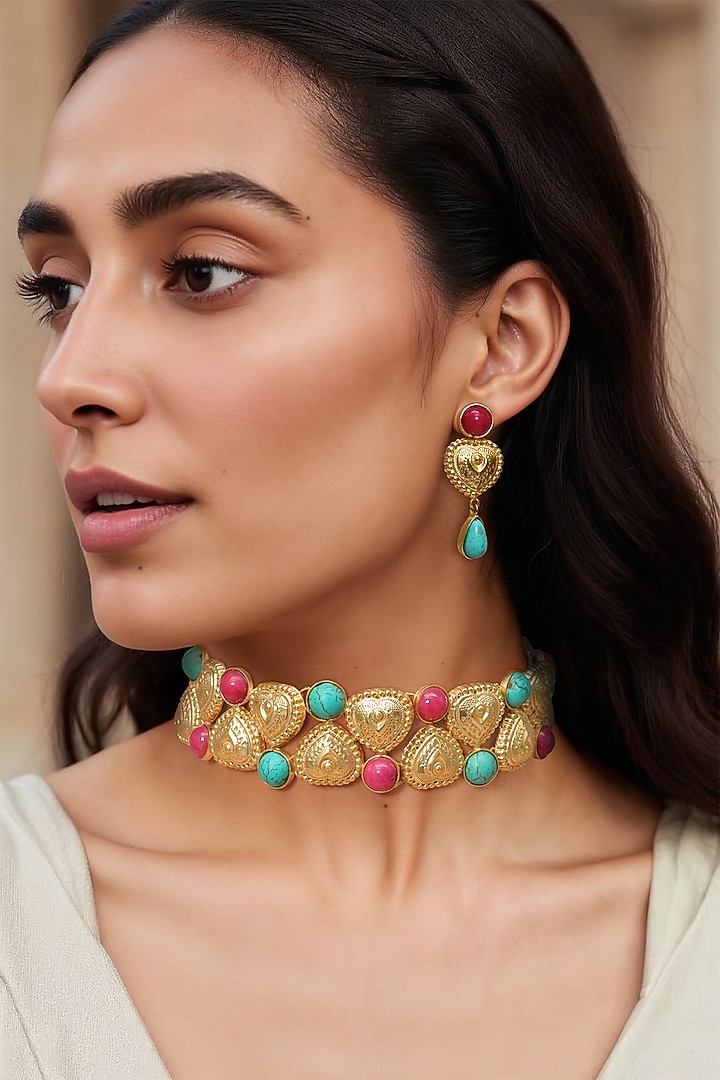 Gold Finish Kundan Polki & Multi-Colored Stone Choker Necklace Set by Tad Accessories at Pernia's Pop Up Shop