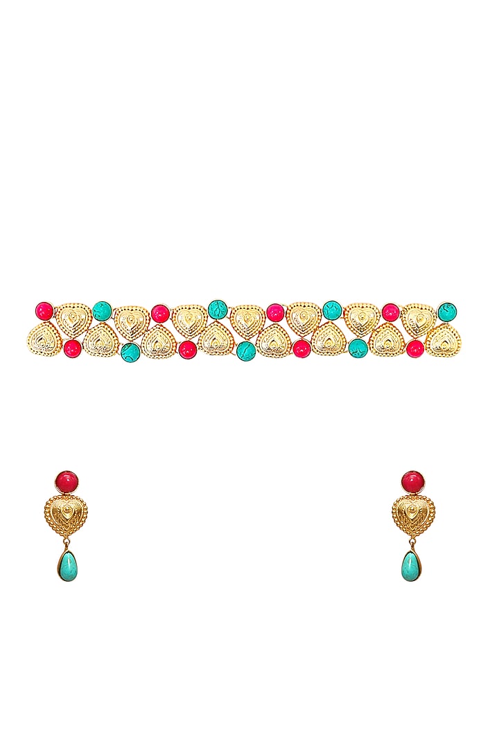 Gold Finish Kundan Polki & Multi-Colored Stone Choker Necklace Set by Tad Accessories at Pernia's Pop Up Shop