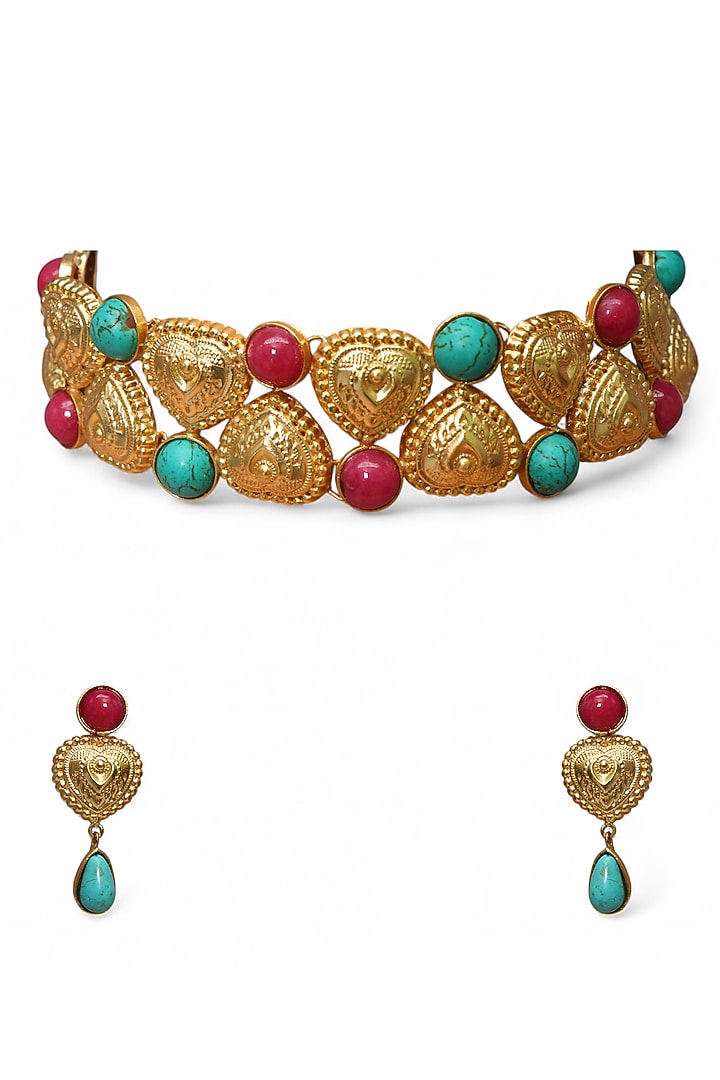 Gold Finish Kundan Polki & Multi-Colored Stone Choker Necklace Set by Tad Accessories at Pernia's Pop Up Shop