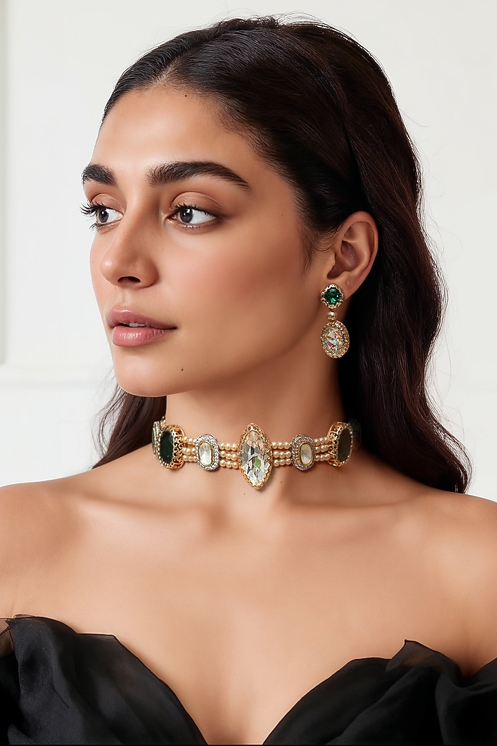 Gold Finish Swarovski Crystal Choker Necklace Set by Tad Accessories at Pernia's Pop Up Shop