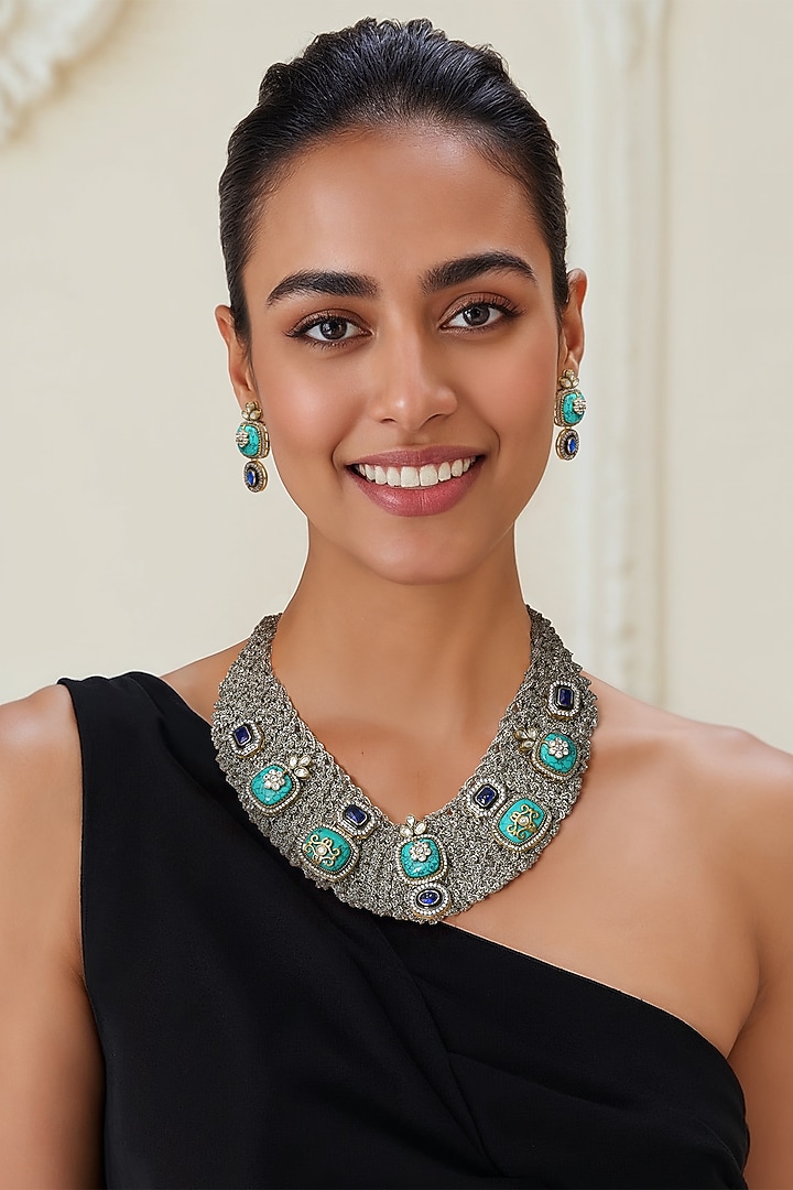 Two-Tone Finish Kundan Polki & Turquoise Stone Necklace Set by Tad Accessories at Pernia's Pop Up Shop