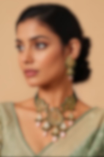 Gold Finish Kundan Polki & Pink Stone Necklace Set by Tad Accessories at Pernia's Pop Up Shop