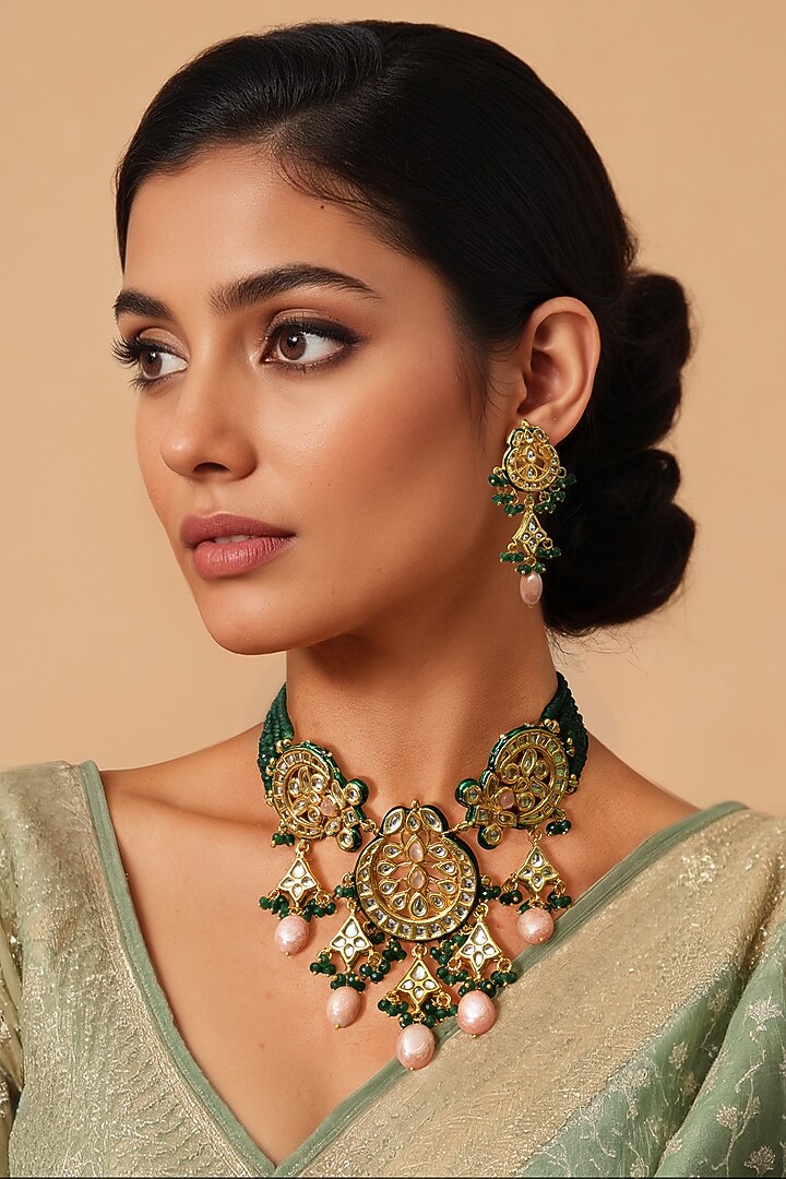 Gold Finish Kundan Polki & Pink Stone Necklace Set by Tad Accessories at Pernia's Pop Up Shop