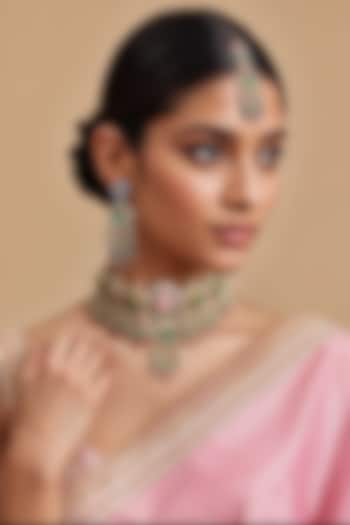 Gold Finish Pink Kundan Polki & Semi-precious Stone Necklace Set by Tad Accessories at Pernia's Pop Up Shop