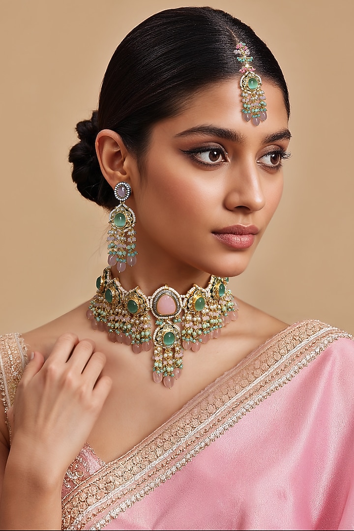 Gold Finish Pink Kundan Polki & Semi-precious Stone Necklace Set by Tad Accessories at Pernia's Pop Up Shop