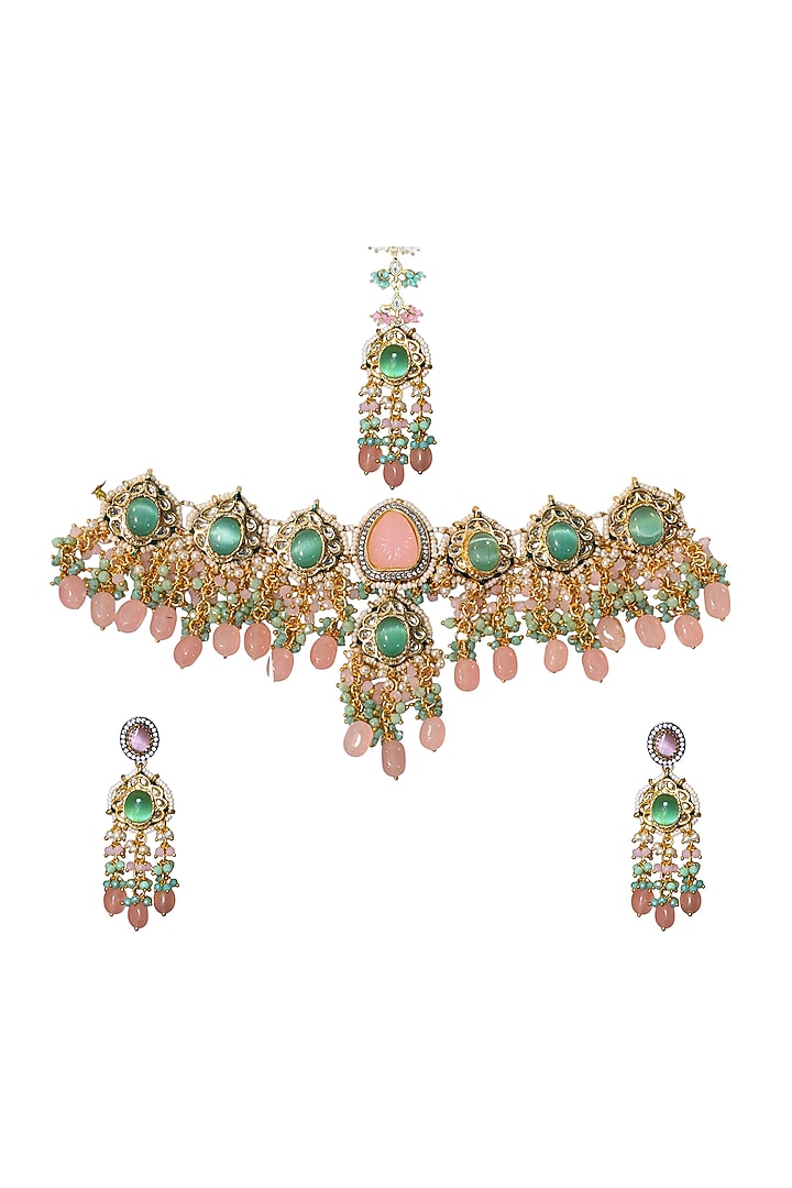 Gold Finish Pink Kundan Polki & Semi-precious Stone Necklace Set by Tad Accessories at Pernia's Pop Up Shop