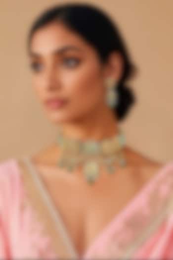 Gold Finish Kundan Polki & Semi-precious Stone Necklace Set by Tad Accessories at Pernia's Pop Up Shop