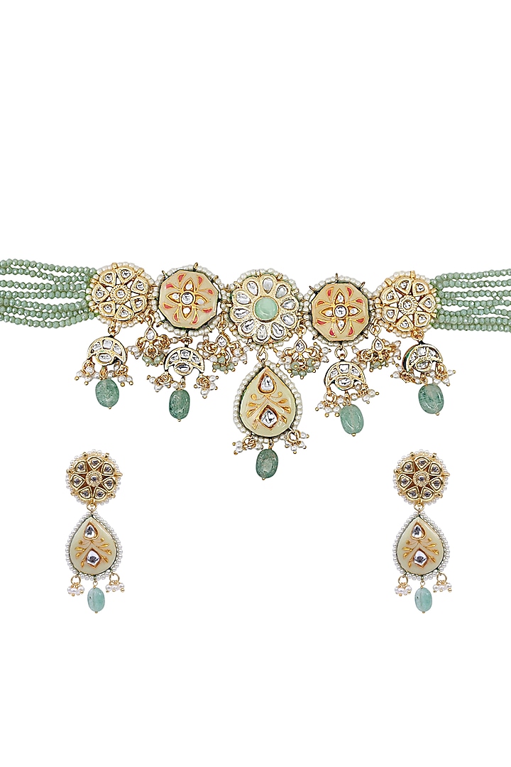 Gold Finish Kundan Polki & Semi-precious Stone Necklace Set by Tad Accessories at Pernia's Pop Up Shop