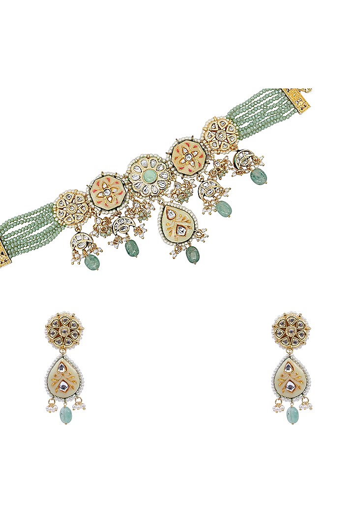Gold Finish Kundan Polki & Semi-precious Stone Necklace Set by Tad Accessories at Pernia's Pop Up Shop