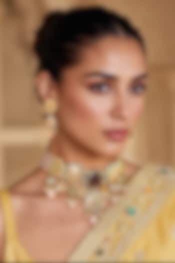 Gold Finish Kundan Polki & Amethyst Stone Necklace Set by Tad Accessories at Pernia's Pop Up Shop