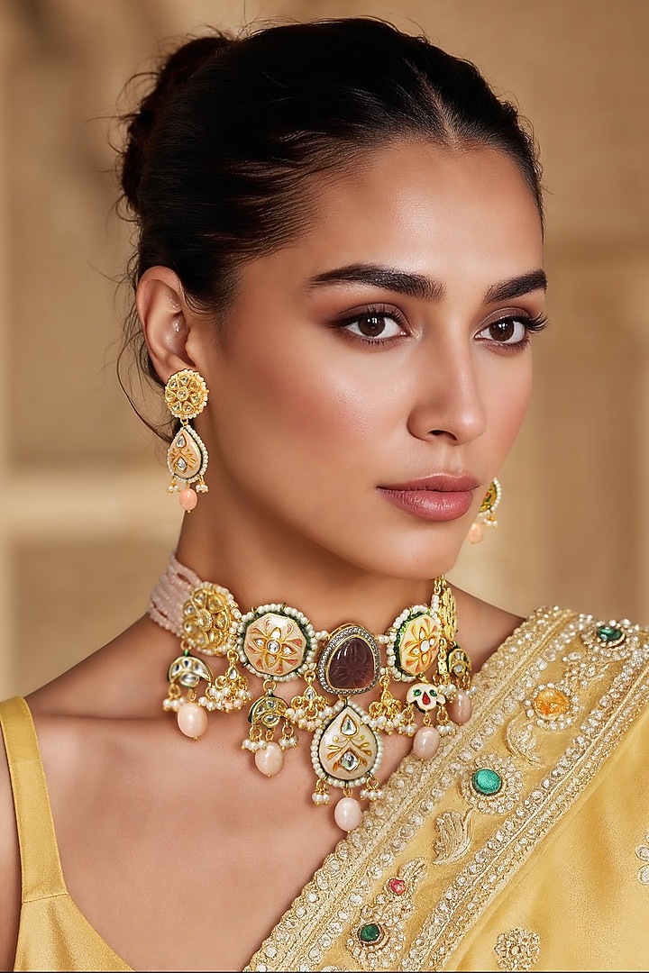 Gold Finish Kundan Polki & Amethyst Stone Necklace Set by Tad Accessories at Pernia's Pop Up Shop