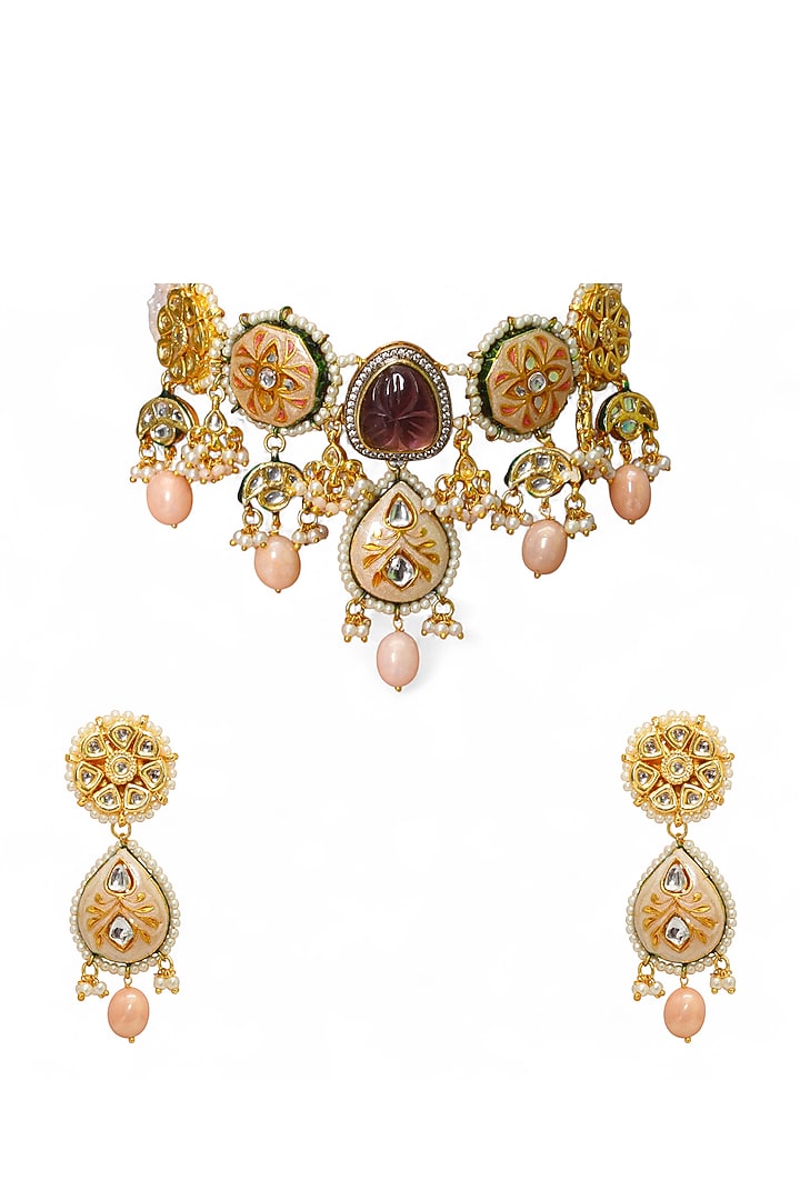 Gold Finish Kundan Polki & Amethyst Stone Necklace Set by Tad Accessories at Pernia's Pop Up Shop