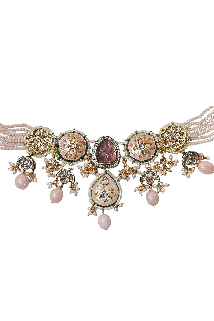 Gold Finish Kundan Polki & Amethyst Stone Necklace Set by Tad Accessories at Pernia's Pop Up Shop