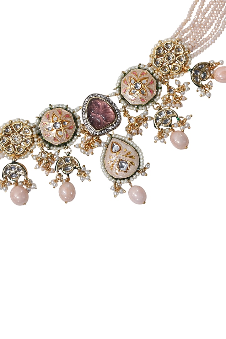 Gold Finish Kundan Polki & Amethyst Stone Necklace Set by Tad Accessories at Pernia's Pop Up Shop