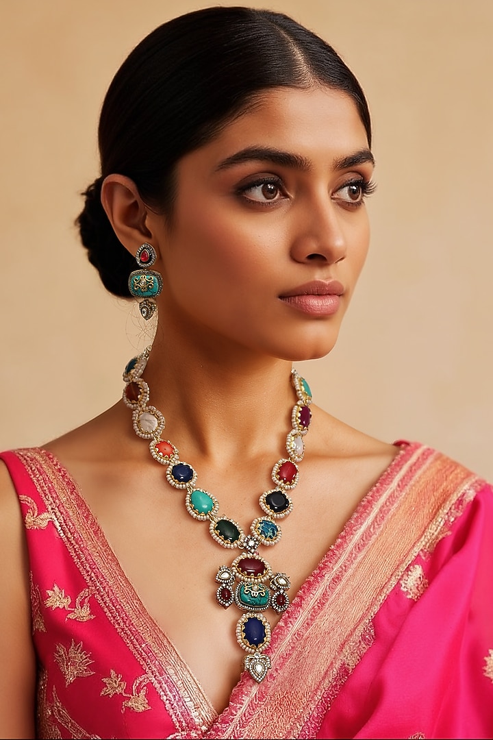 Gold Finish Multi-Colored Kundan Polki & Semi-Precious Stone Long Necklace Set by Tad Accessories at Pernia's Pop Up Shop