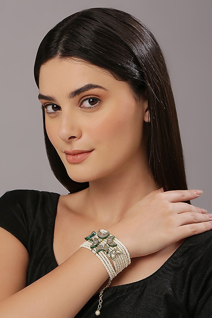 Gold Finish White Kundan Polki & Semi-Precious Stone Bracelet by Tad Accessories at Pernia's Pop Up Shop