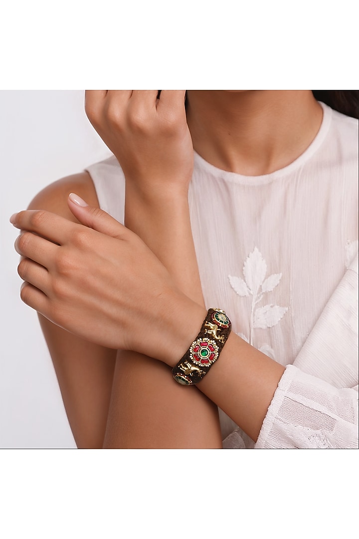 Gold Finish Multi-Colored Imitation Kundan Polki Bracelet by Tad Accessories at Pernia's Pop Up Shop