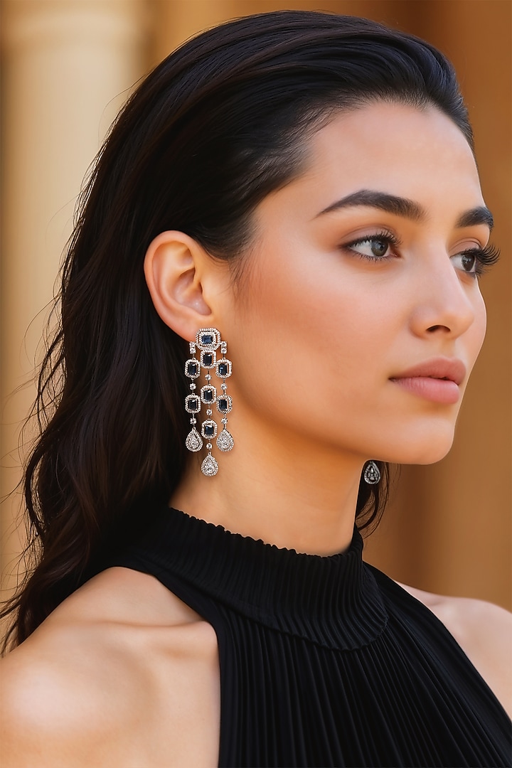 White Finish Blue CZ Stone Dangler Earrings by Tad Accessories at Pernia's Pop Up Shop