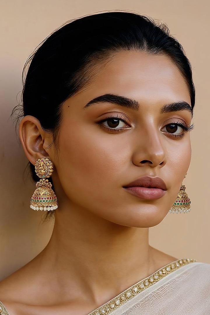 Gold Finish Faux Pearl Temple Jhumka Earrings by Tad Accessories at Pernia's Pop Up Shop