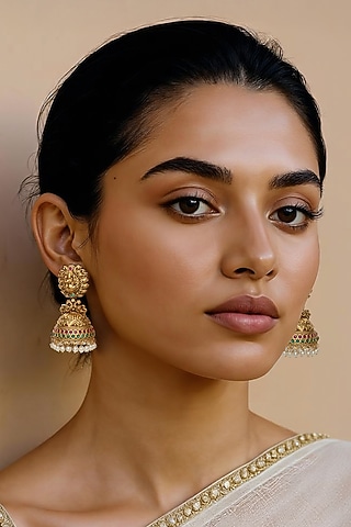 Gold Finish Faux Pearl Temple Jhumka Earrings by Tad Accessories