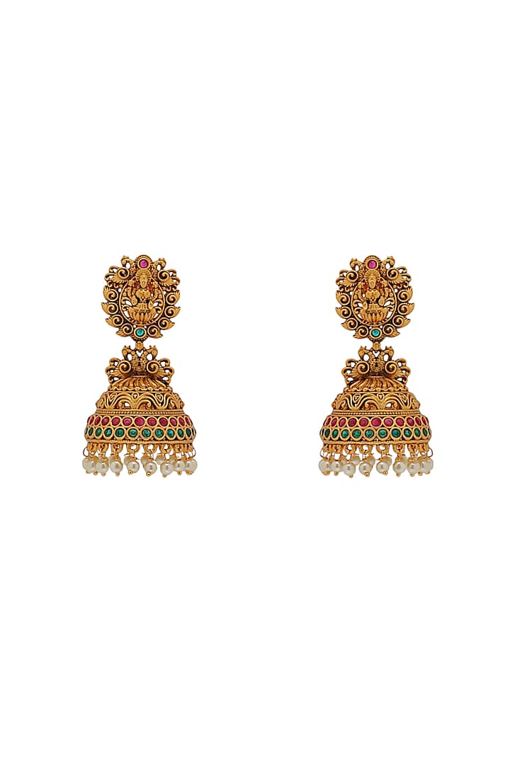 Gold Finish Faux Pearl Temple Jhumka Earrings by Tad Accessories at Pernia's Pop Up Shop