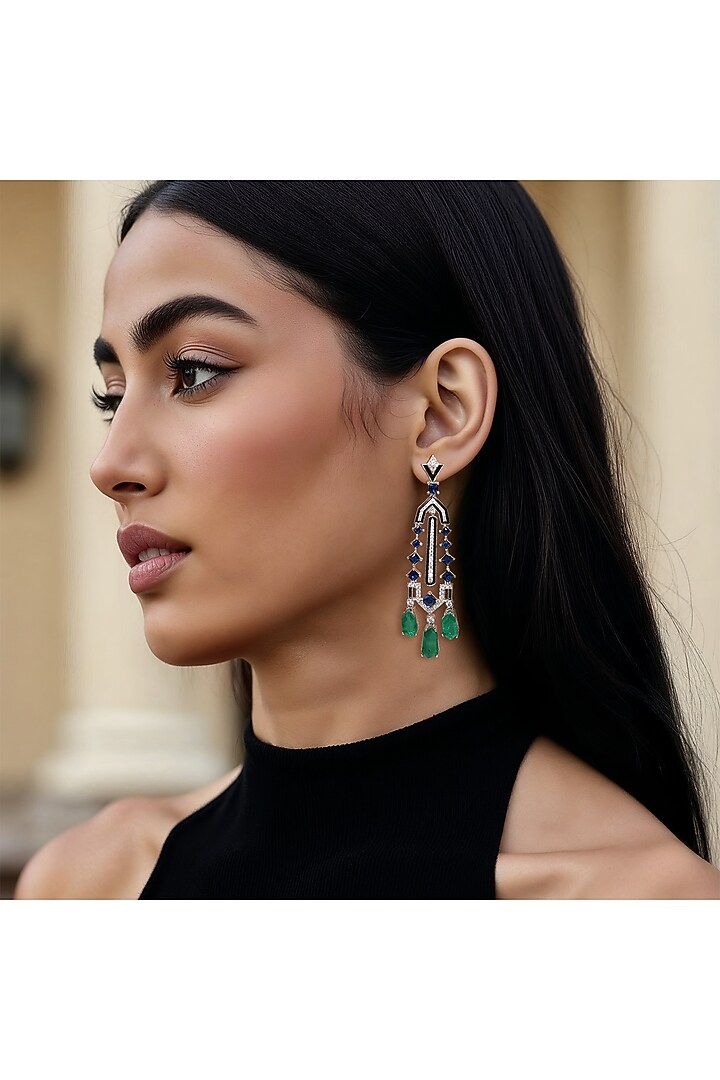 White Finish Green CZ Stone Dangler Earrings by Tad Accessories at Pernia's Pop Up Shop