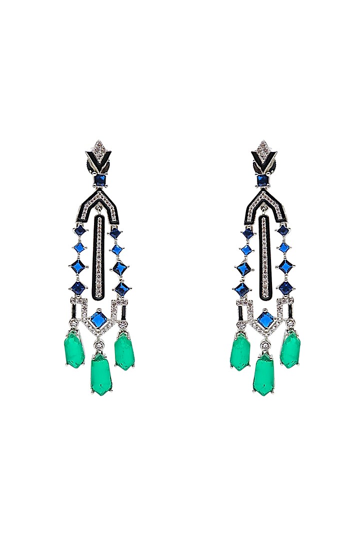 White Finish Green CZ Stone Dangler Earrings by Tad Accessories at Pernia's Pop Up Shop