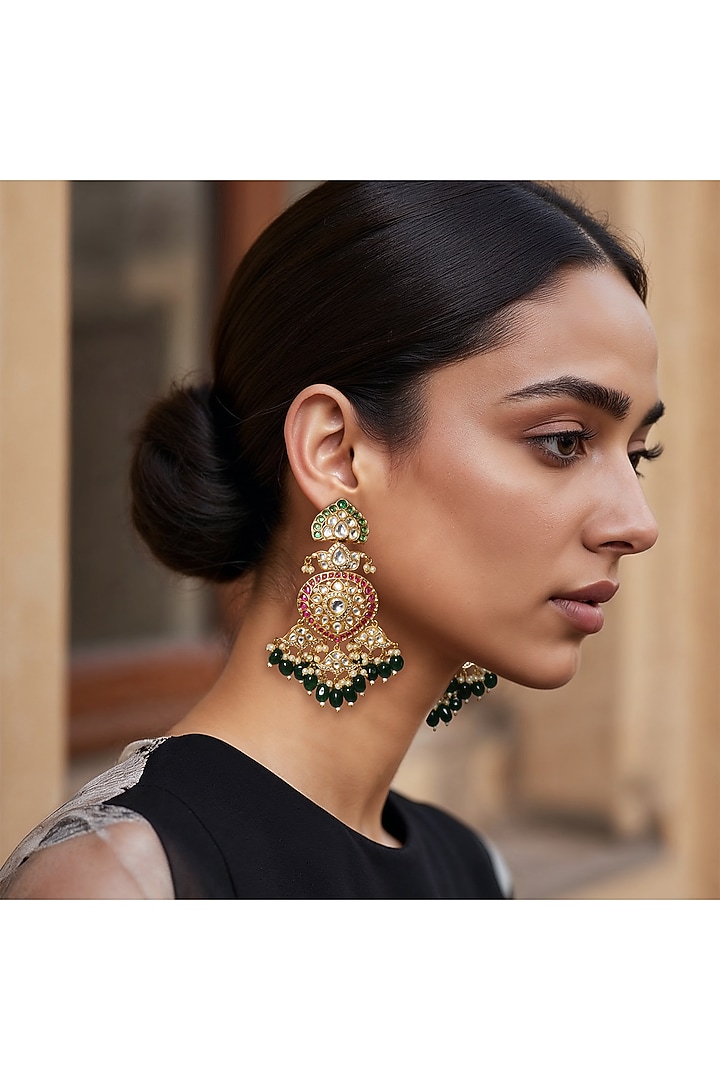 Gold Finish Green Imitation Kundan Polki Dangler Earrings by Tad Accessories at Pernia's Pop Up Shop