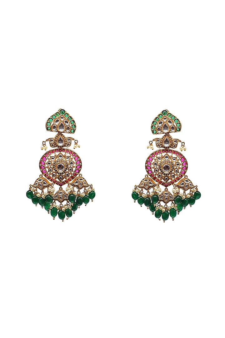 Gold Finish Green Imitation Kundan Polki Dangler Earrings by Tad Accessories at Pernia's Pop Up Shop