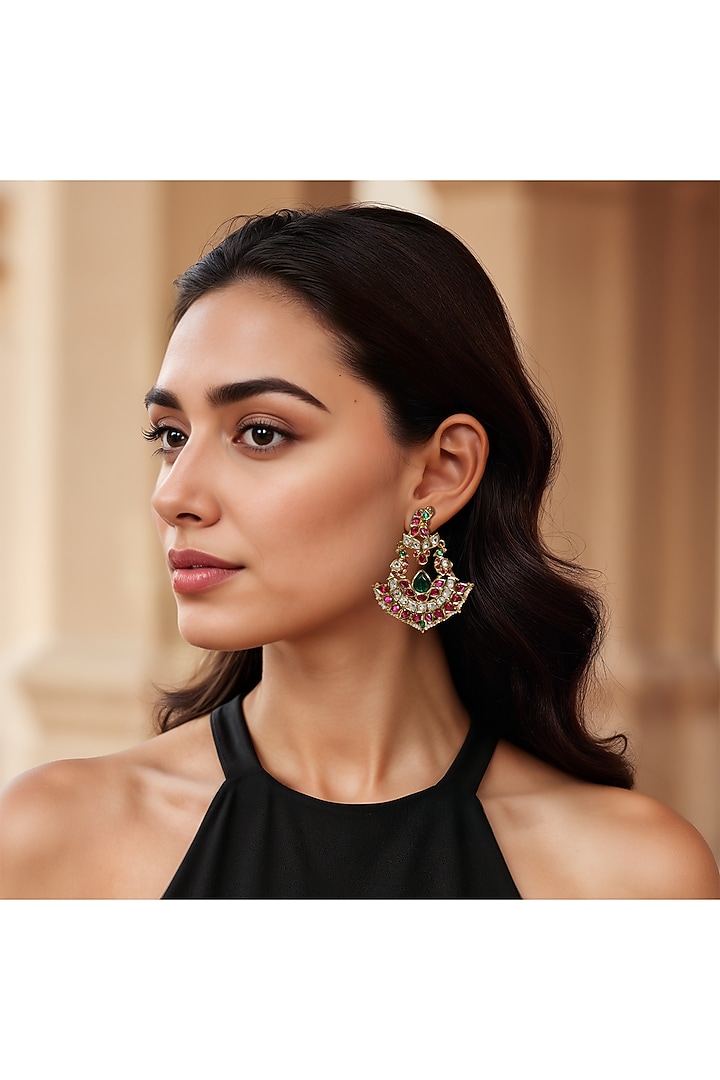 Gold Finish Red Imitation Kundan Polki Dangler Earrings by Tad Accessories at Pernia's Pop Up Shop