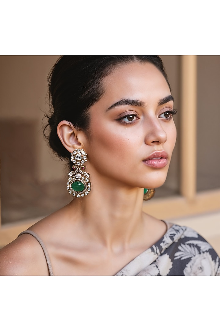 Gold Finish Green Imitation Kundan Polki Dangler Earrings by Tad Accessories at Pernia's Pop Up Shop